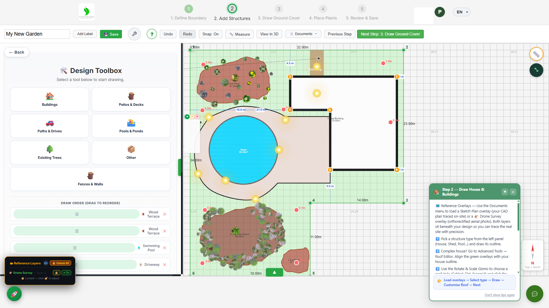 The 2D designer showing a completed garden plan with boundary, structures, ground cover and plants