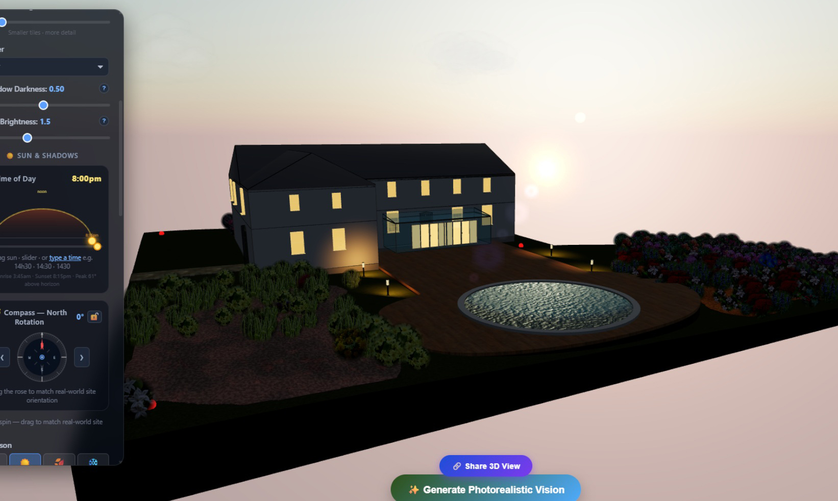 The 3D garden view showing a rendered garden with pool, terraces, plants and realistic lighting
