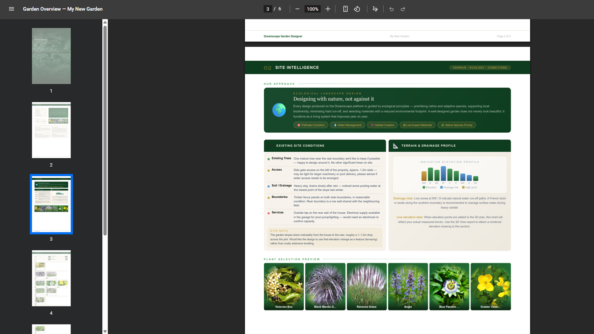 A sample Pitch Deck PDF showing the branded cover, plant palette with photos and cost breakdown section on a dark green editorial layout