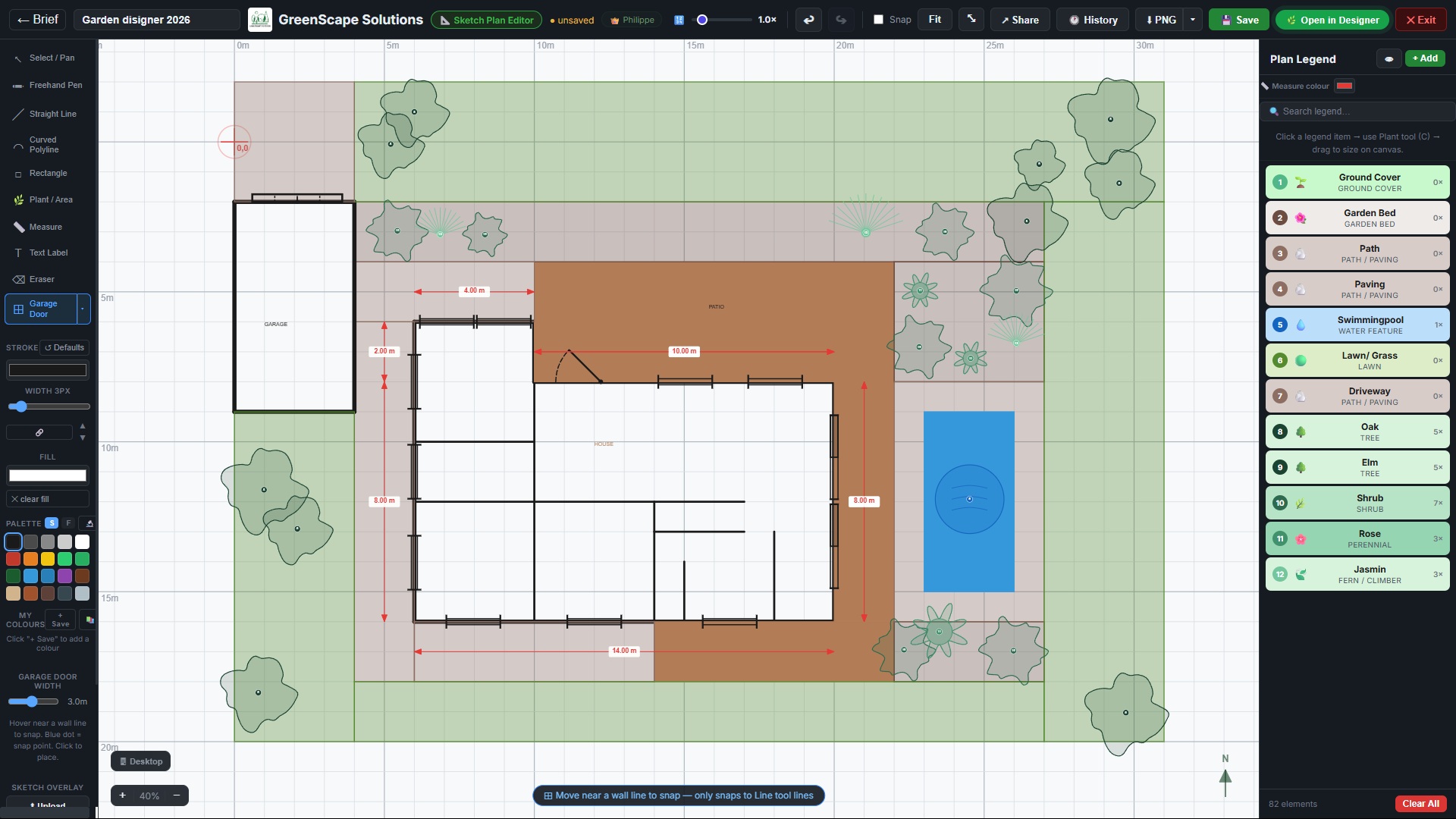 The Sketch Plan CAD editor showing a floor plan with walls, doors, windows and plant zones