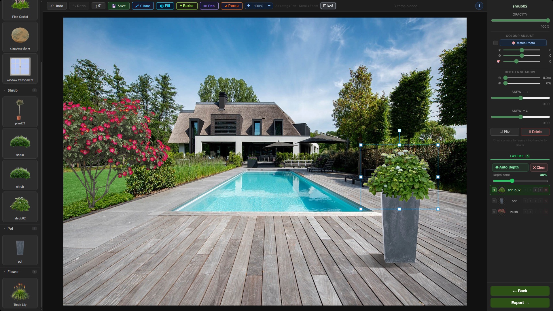 The Visualiser showing plants and a terrace composited onto a real garden photograph